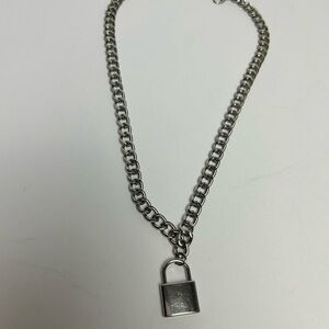 Silver Tone Padlock Charm Chain Necklace Grunge Minimalist 18”